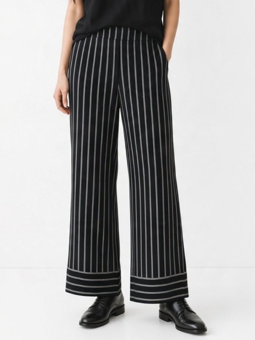 NWT LOFT Fluid Wide Leg Pants Black White Striped Crepe Womens M